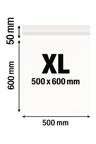 Schemat foliopaka kurierskiego XL o wymiarach 500 × 600 mm. Na ilustracji pokazano długość, szerokość oraz zakładkę klejącą 50 mm. Przejrzysta grafika prezentująca dokładne wymiary produktu.
