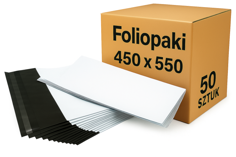 Zestaw 50 sztuk foliopaków kurierskich o wymiarach 450 × 550 mm. Na zdjęciu widoczny karton zbiorczy w kolorze pomarańczowym oraz ułożone obok białe foliopaki z czarnym paskiem klejącym. Idealne do pakowania dużych przesyłek.