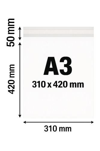 Schemat foliopaka kurierskiego A3 o wymiarach 310 × 420 mm. Na ilustracji pokazano długość, szerokość oraz zakładkę klejącą 50 mm. Przejrzysta grafika prezentująca dokładne wymiary produktu.