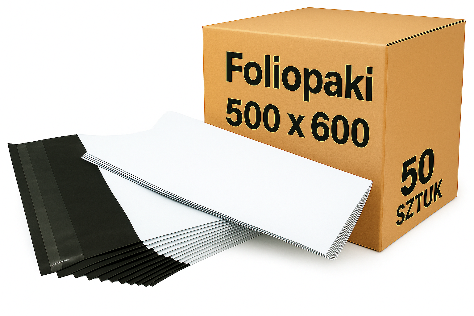 Karton z napisem „Foliopaki 500 x 600, 50 sztuk” i ułożone obok białe koperty foliowe z czarnym paskiem klejącym.