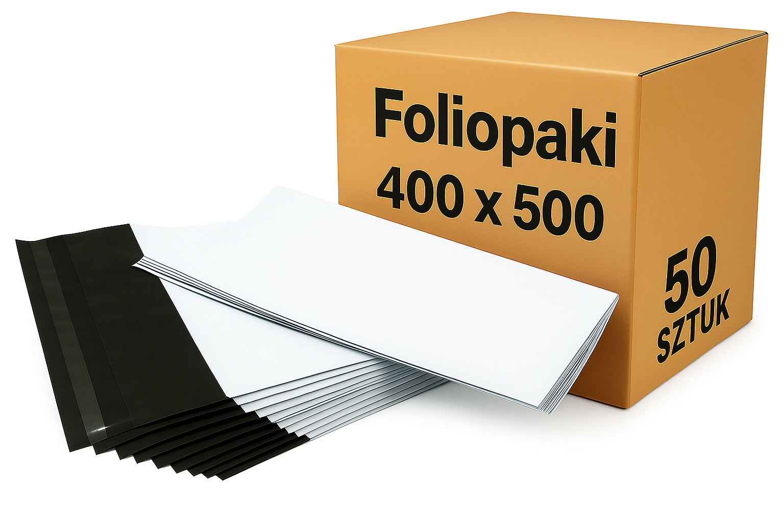 Karton z napisem „Foliopaki 400 x 500, 50 sztuk” i ułożone obok białe koperty foliowe z czarnym paskiem klejącym.