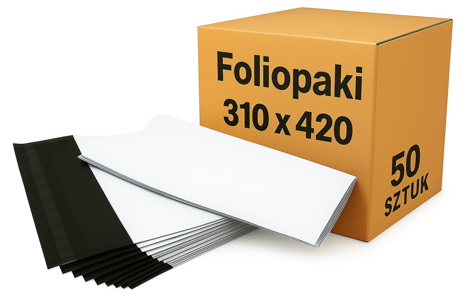 Karton z napisem „Foliopaki 310 x 420, 50 sztuk” i ułożone obok białe koperty foliowe z czarnym paskiem klejącym.