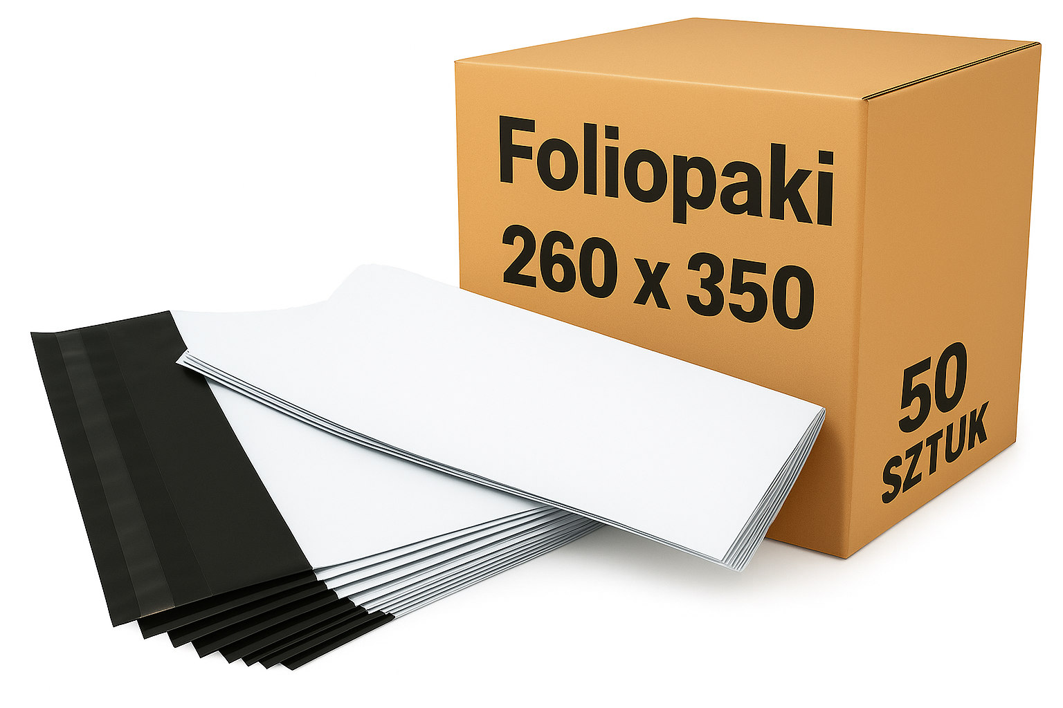 Karton z napisem „Foliopaki 260 x 350, 50 sztuk” i ułożone obok białe koperty foliowe z czarnym paskiem klejącym.